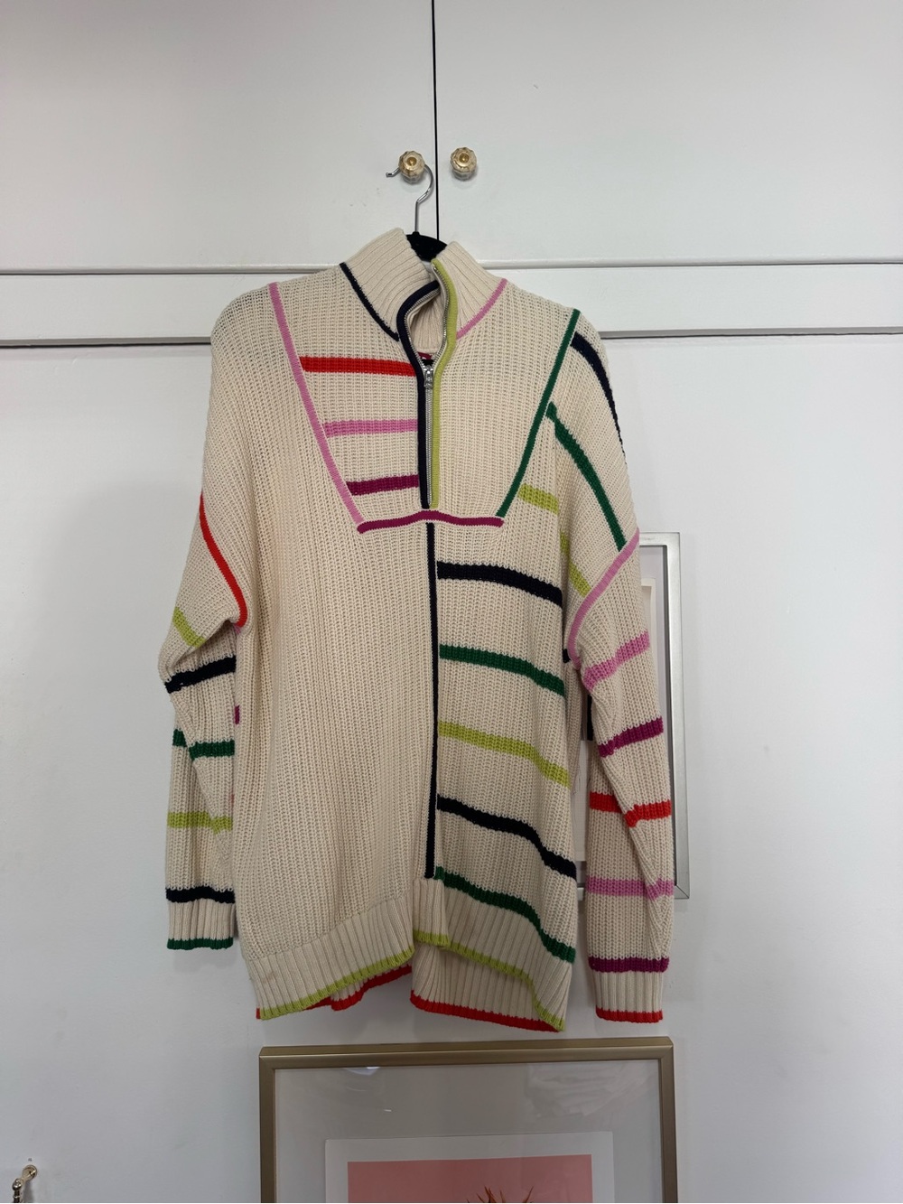 STAUD Cream Zip-Turtleneck Sweater with Multicolor Stripes